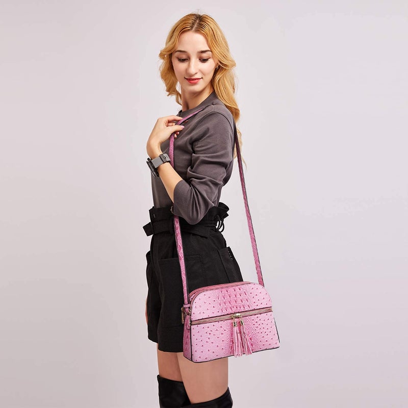 Dasein Women Tassel Zipper Pocket Crossbody Bag Shoulder Purse Fashion Travel Bag with Multi Pockets(Ostrich Pink) - Image 2
